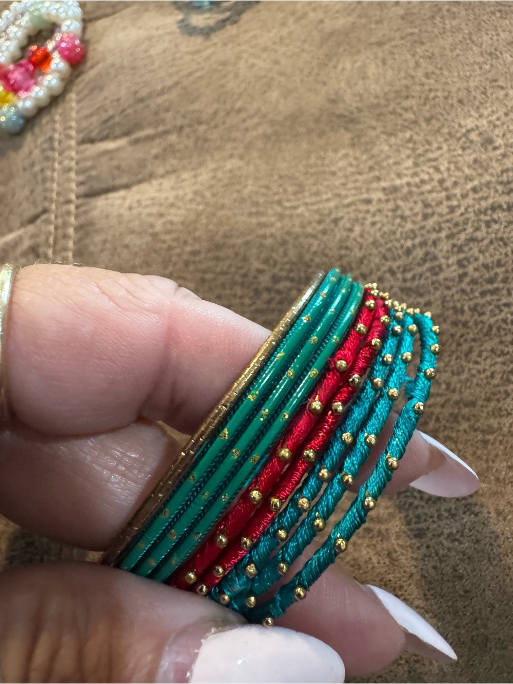 Kids Teal and Red Beaded Wrap Bracelet with Gold Accents
